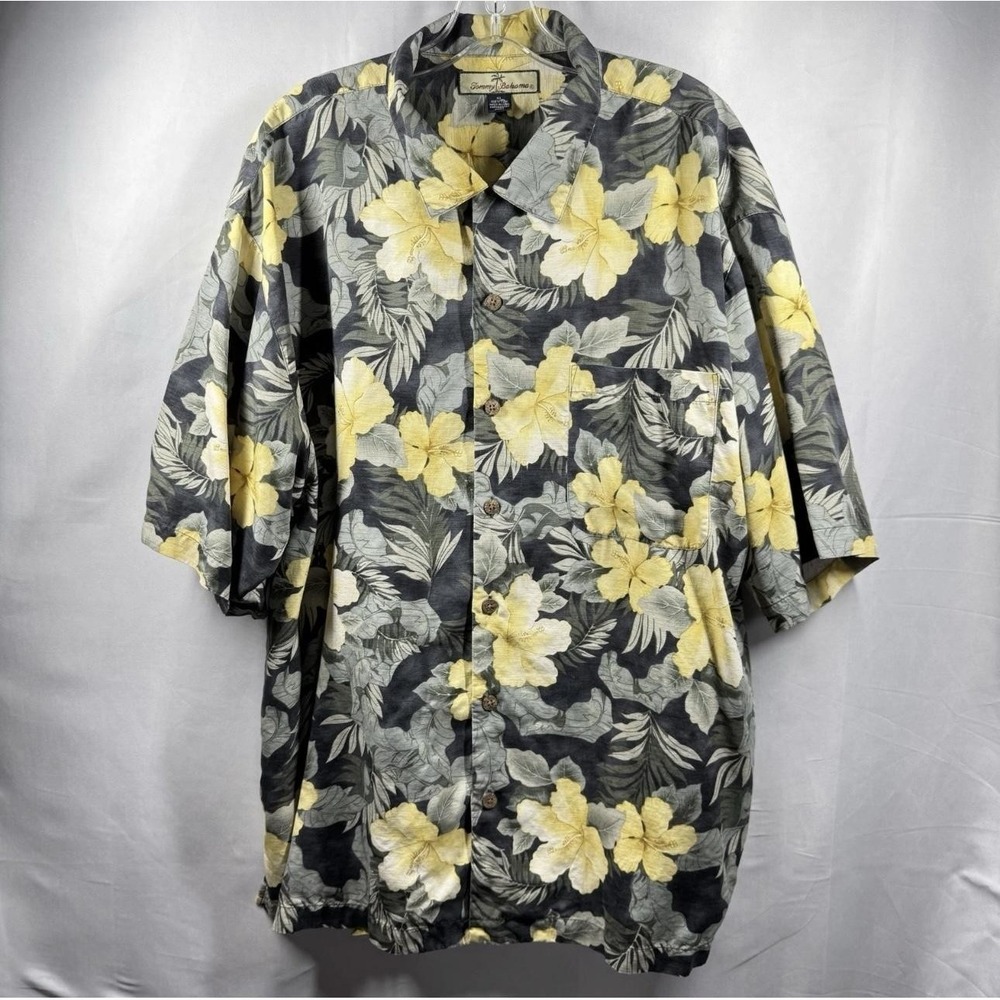 Tommy Bahama Shirt Mens Extra Large Gray Yellow Silk Hawaiian Hibiscus Camp